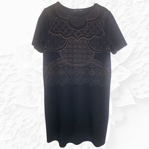 Zara Black Short Sleeved Shift Dress With Metallic Copper Design 
